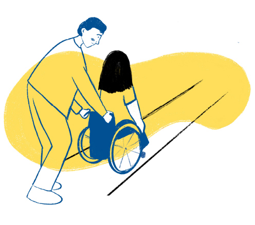Um rapaz empurra a cadeira de rodas onde está uma moça de cabelos pretos e lisos.